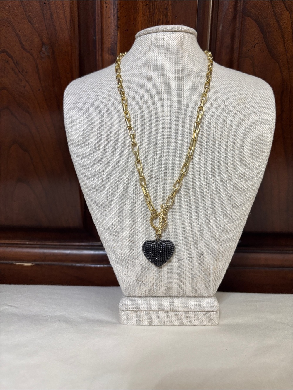 Gold Chain Necklace with Black Heart Pendant